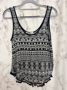 Blu Planet Black & White Geometric Pom-Pom Tank